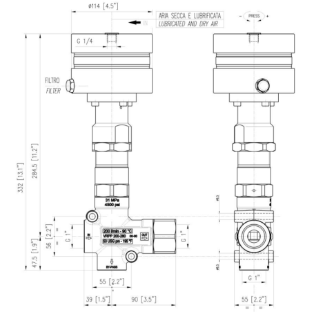 Регулятор давления PA VRPP200-280 (280бар, 200л/мин, 1&quot;г-1&quot;г, By-pass 1&quot;г, пневмо)