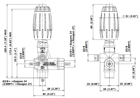Регулятор давления Mecline VRT3 (220бар, 30л/мин, 3/8"г-3/8"г, By-pass 3/8"г)